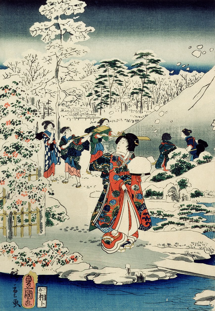 Pokojówki w zaśnieżonym ogrodzie autorstwa Utagawa and Hiroshige II Utagawa Kunisada