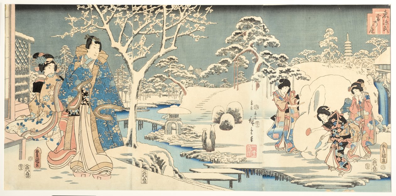 Wschodni Genji w śnieżnym ogrodzie, 1854 (drzew) autorstwa Utagawa Hiroshige and Kunisada