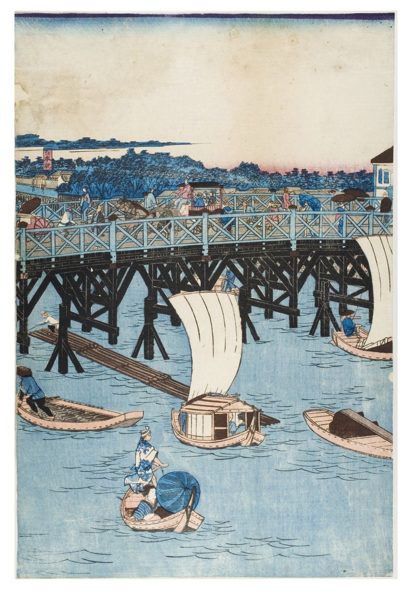 Znane miejsca w Tokio, prawdziwy widok na most Ryogoku autorstwa Utagawa II Hiroshige
