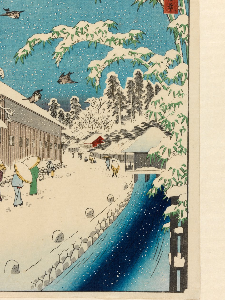 Atagoshita i Yabu Lane (Atagoshita Yabukôji), przed 1858 (kolorowy nadruk z bloczków drewna, z płatkami miki i nadrukiem na tkaninie) autorstwa Utagawa I Hiroshige