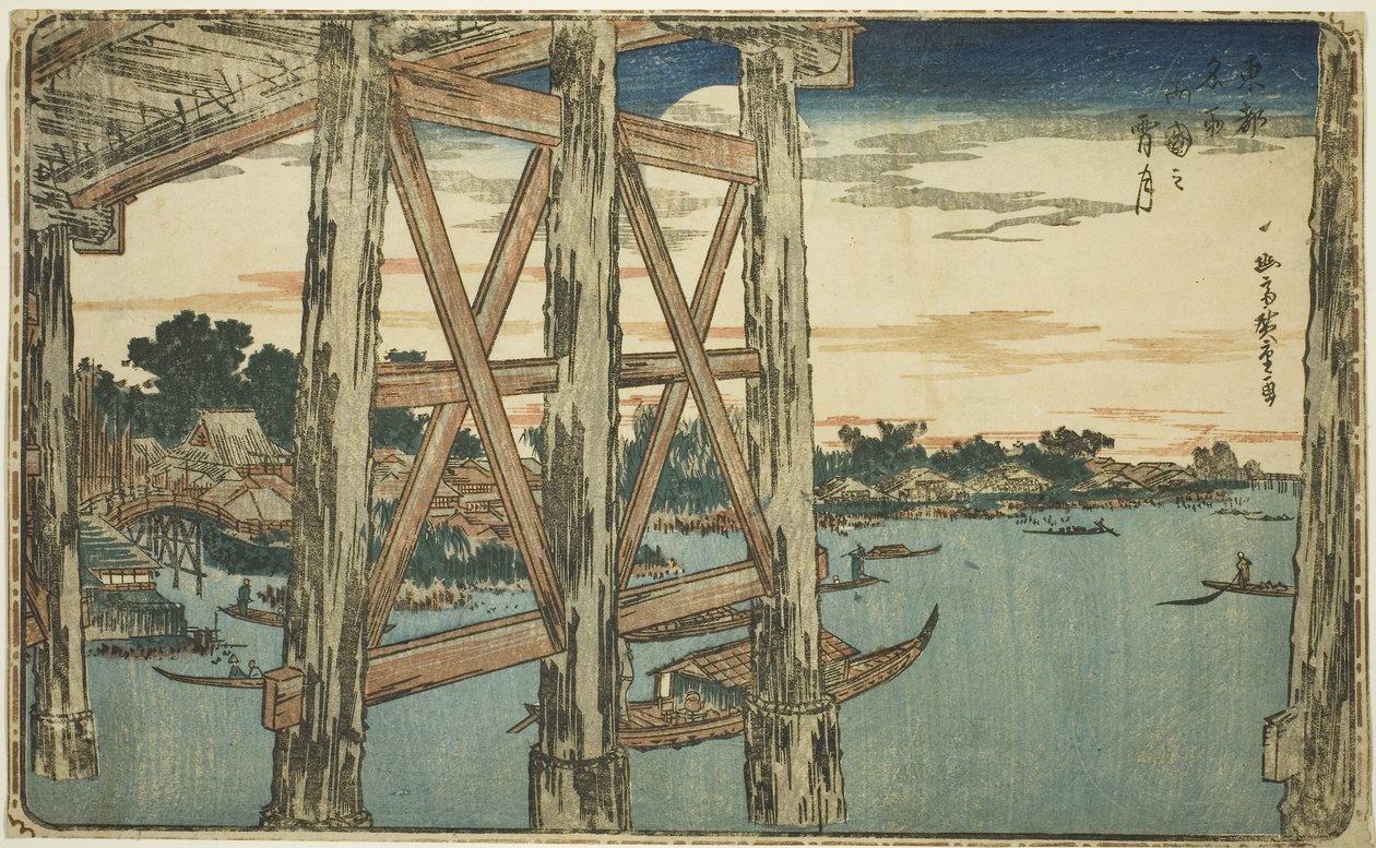 Twilight Moon at the Ryogoku Bridge (Ryogoku no yoizuki), ok.1831 (kolorowy drzeworyt; oban) autorstwa Utagawa I Hiroshige