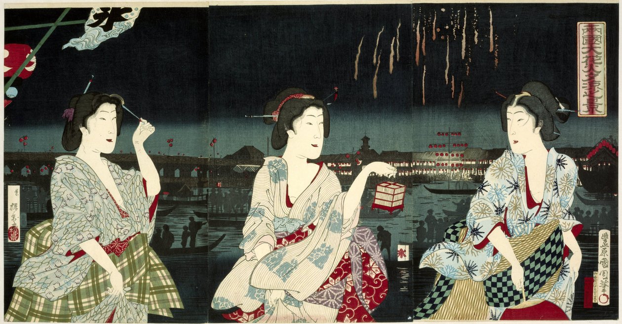 Ciesząc się wieczorną bryzą podczas fajerwerków w Ryogoku Ryogoku hanabi yusuzumi no kei (tytuł na obiekcie) autorstwa Utagawa Kunichika
