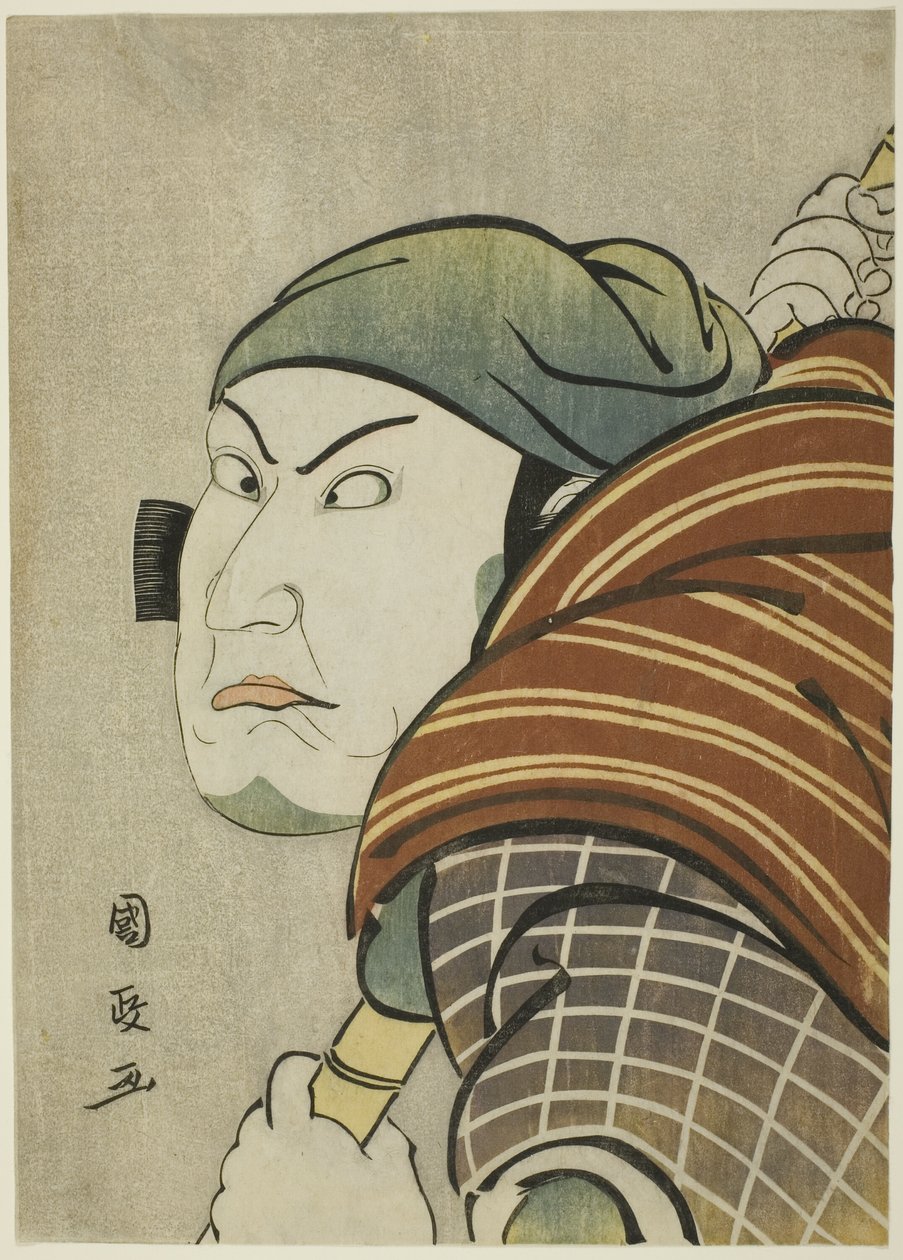 Aktor Kataoka Nizaemon Vll jako Iyo no Taro w sztuce „Seiwa Nidai Oyose Genji” wystąpił w Teatrze Miyako w jedenastym miesiącu 1796 r. autorstwa Utagawa Kunimasa