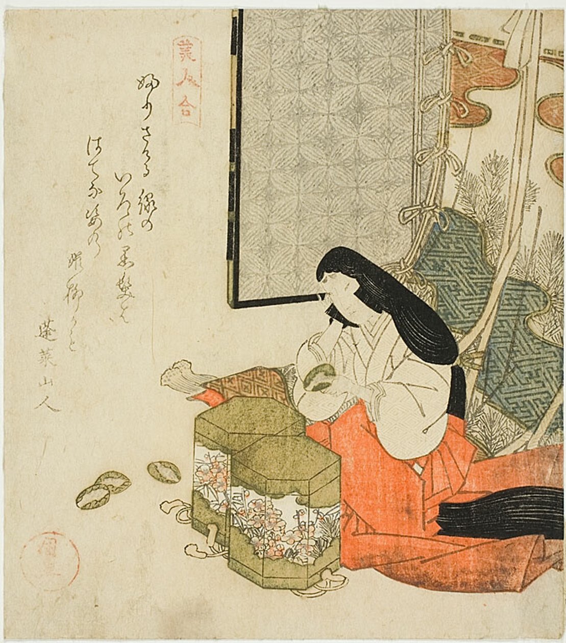 Dama dworu bawiąca się muszelkami (Kaiawase), z serii "Konkurs piękności (Bijin awase)" autorstwa Utagawa Kuninao