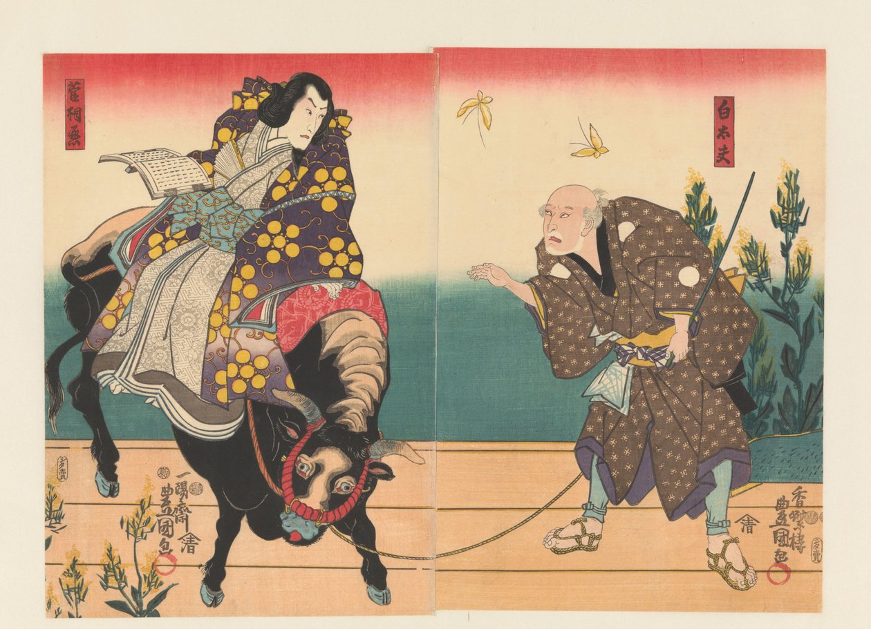 Rolnik towarzyszy dworzaninowi na czarnym wołu autorstwa Utagawa Kunisada (I)