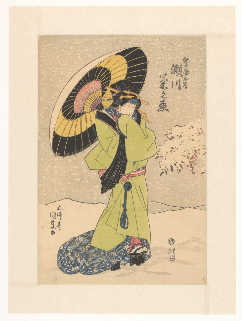 Konkubina Mekame w śniegu z parasolem autorstwa Utagawa Kunisada (I)