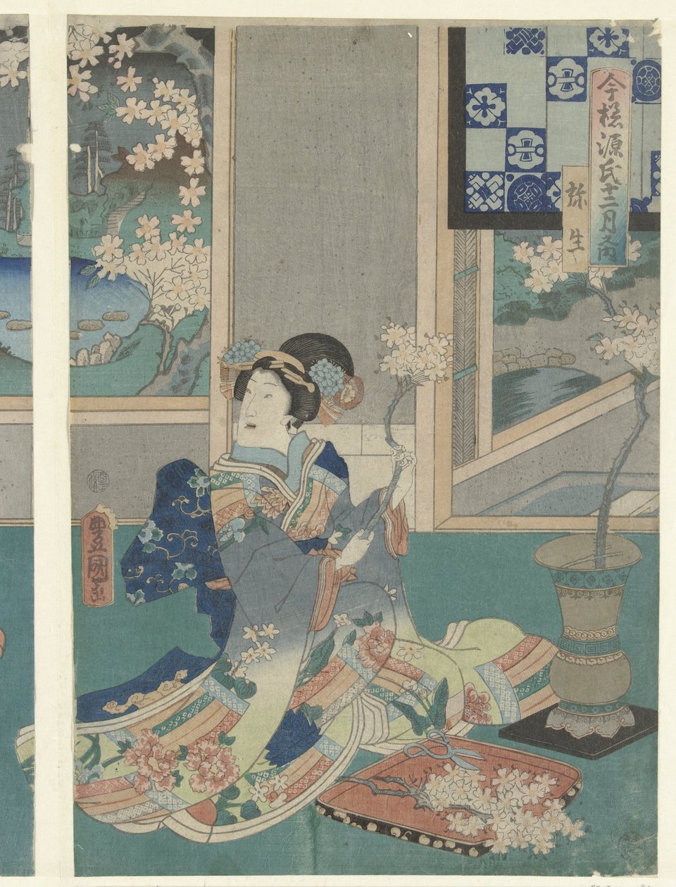 Trzeci miesiąc Yayoi (tytuł na obiekcie) Współczesne historie Genji w ciągu dwunastu miesięcy (tytuł serii) Imayo Genji junikagetsu no uchi (tytuł serii na obiekcie) autorstwa Utagawa Kunisada (I)