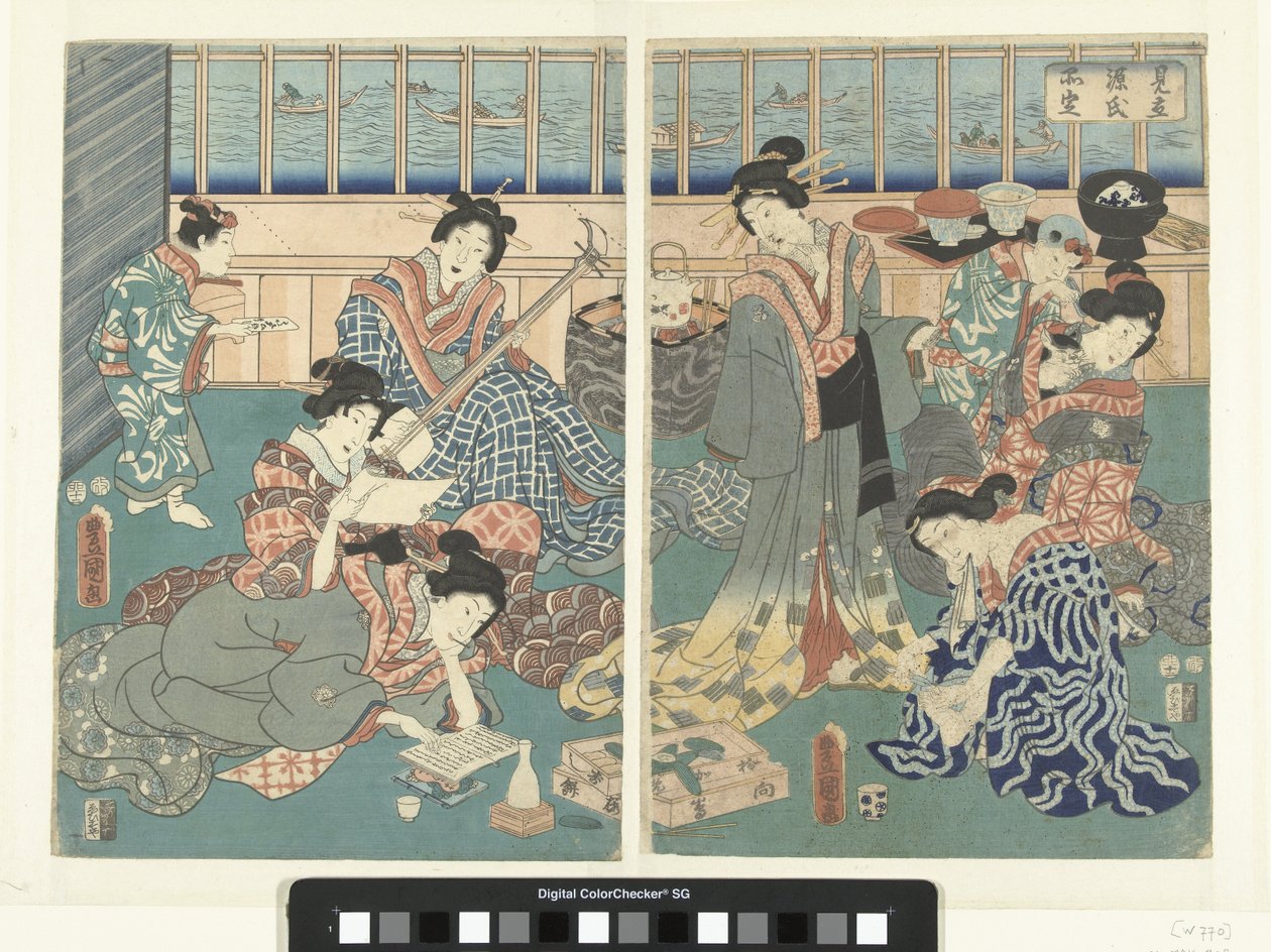 Współczesna wersja historii Genji Mitate Genji Shinasadame (tytuł na obiekcie) autorstwa Utagawa Kunisada (I)