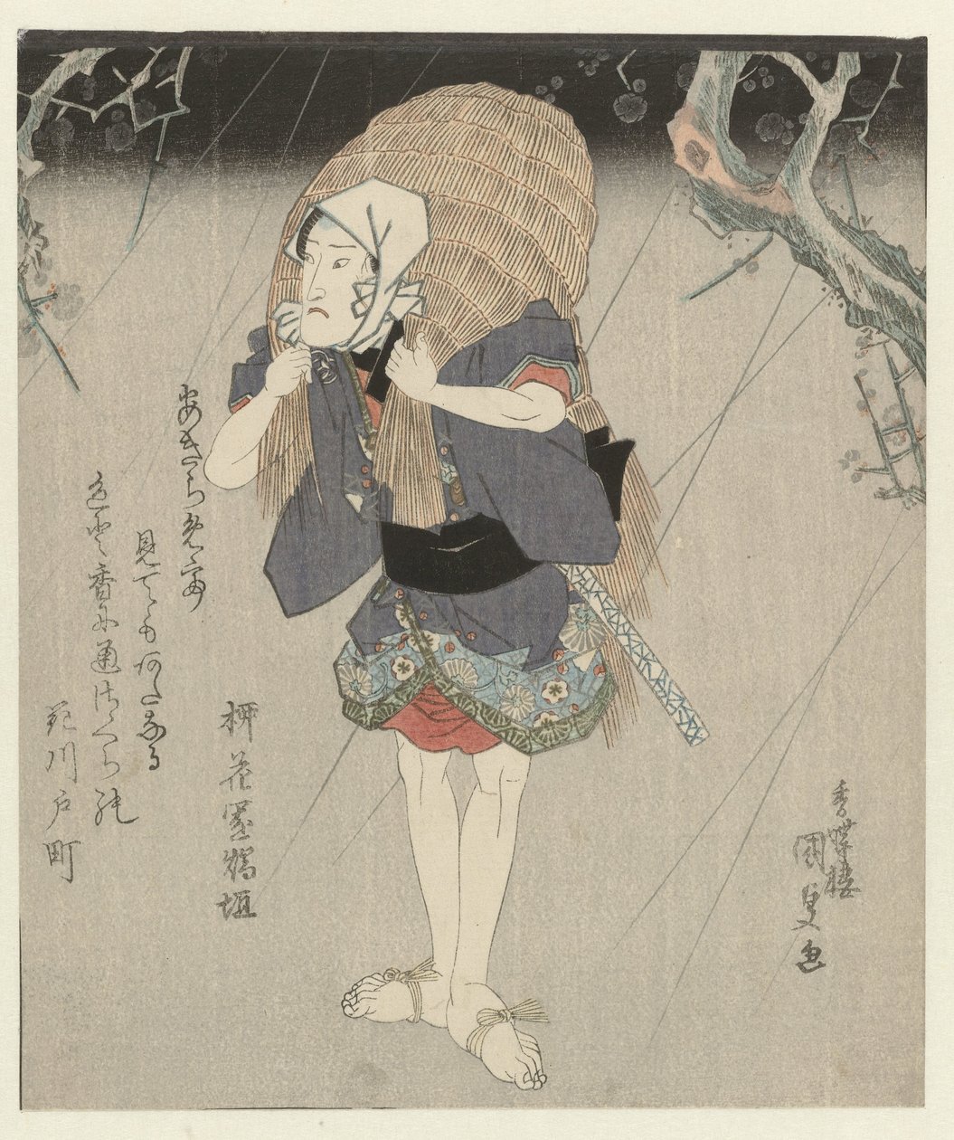 Mężczyzna w słomianym płaszczu przeciwdeszczowym autorstwa Utagawa Kunisada (I)