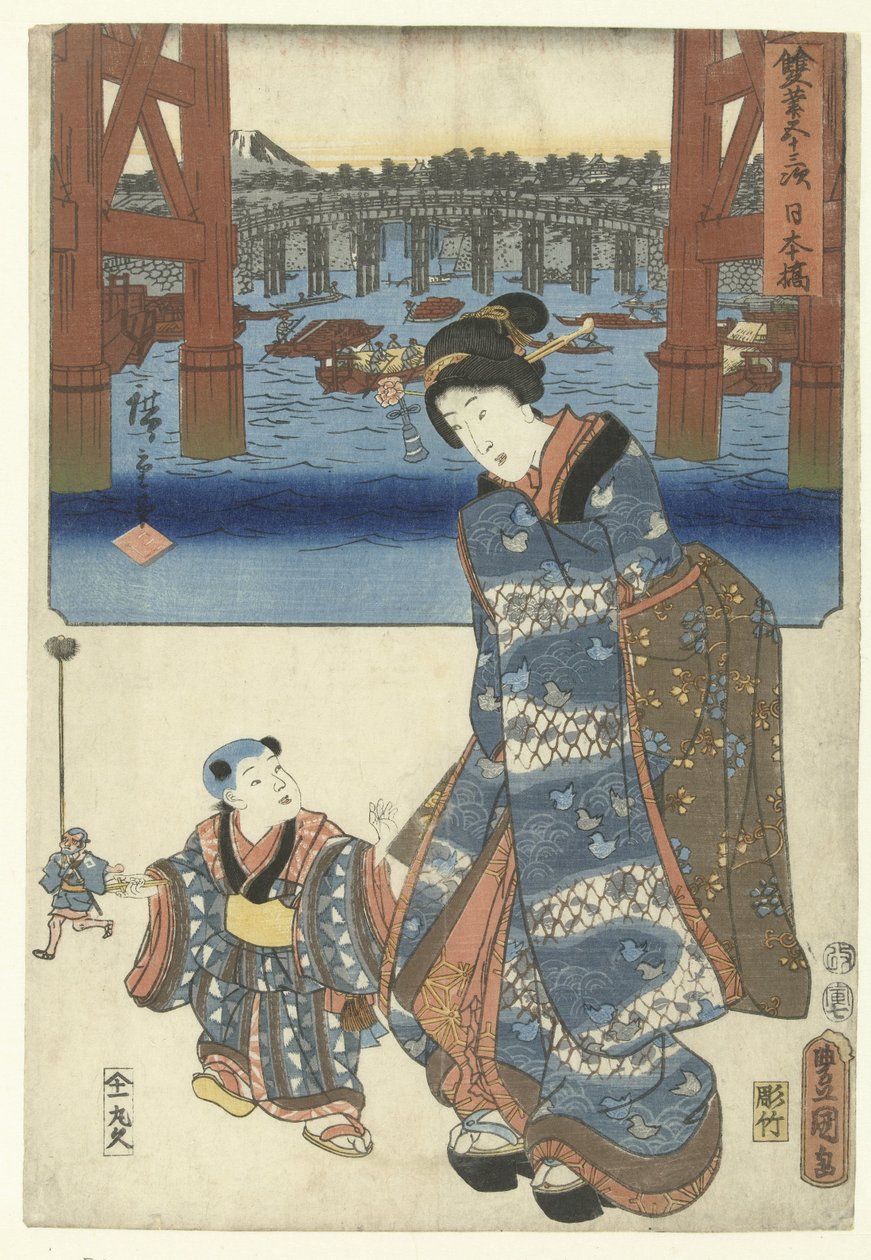 Nihonbashi (tytuł na obiekcie) De 53 stacje drzwi twee penselen (tytuł serii) Sohitsu gojusan tsugi (tytuł serii na obiekcie) autorstwa Utagawa Kunisada (I)