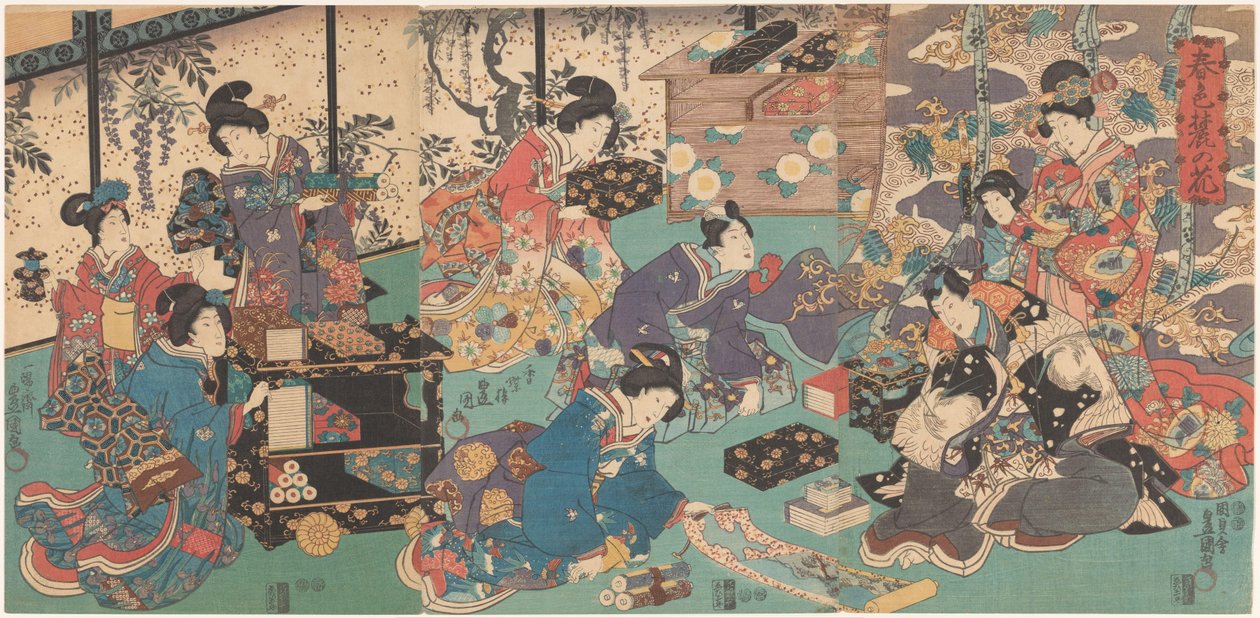 Prezentacja książek i rolek ręcznych autorstwa Utagawa Kunisada (I)