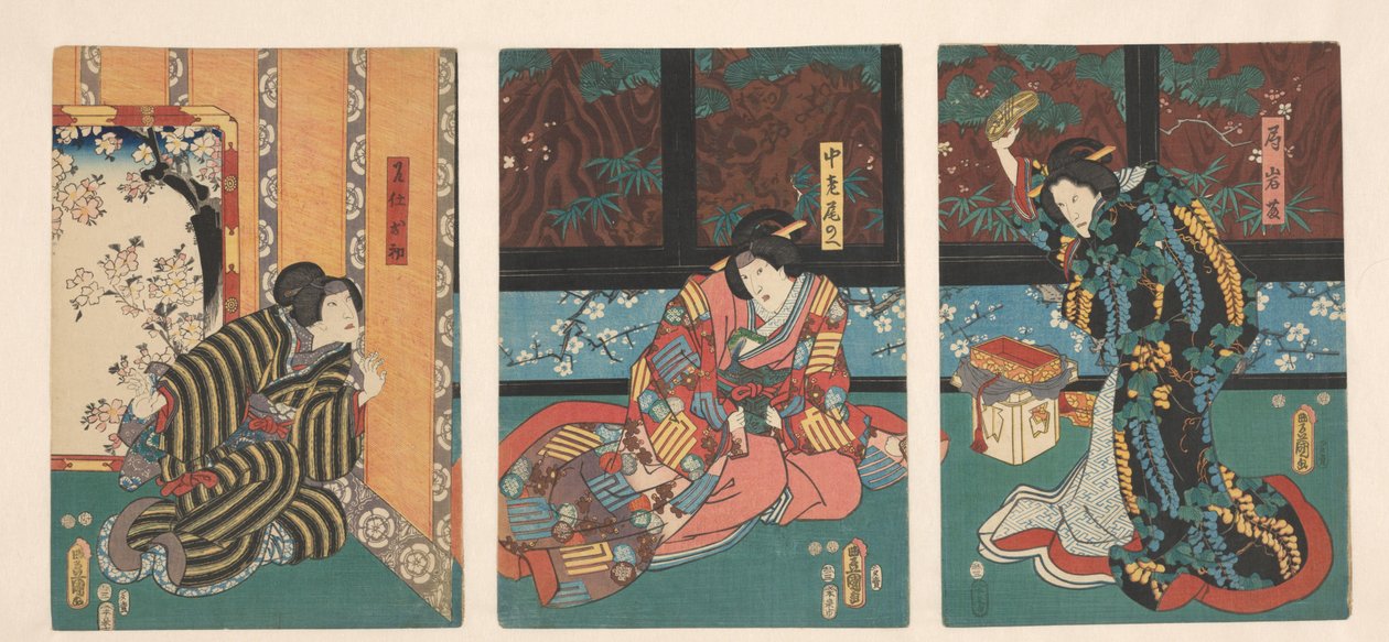 Scena ze spektaklu The Mirror Mountain Szpiedzy Ohatsu kłócą się między damami dworu autorstwa Utagawa Kunisada (I)
