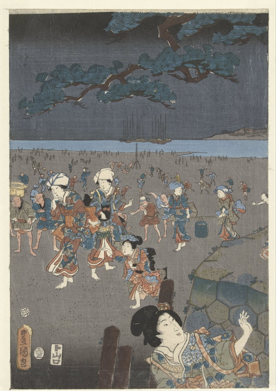 Zbieranie muszelek na plaży Akashi Akashi no ura shiogari no zu autorstwa Utagawa Kunisada (I)