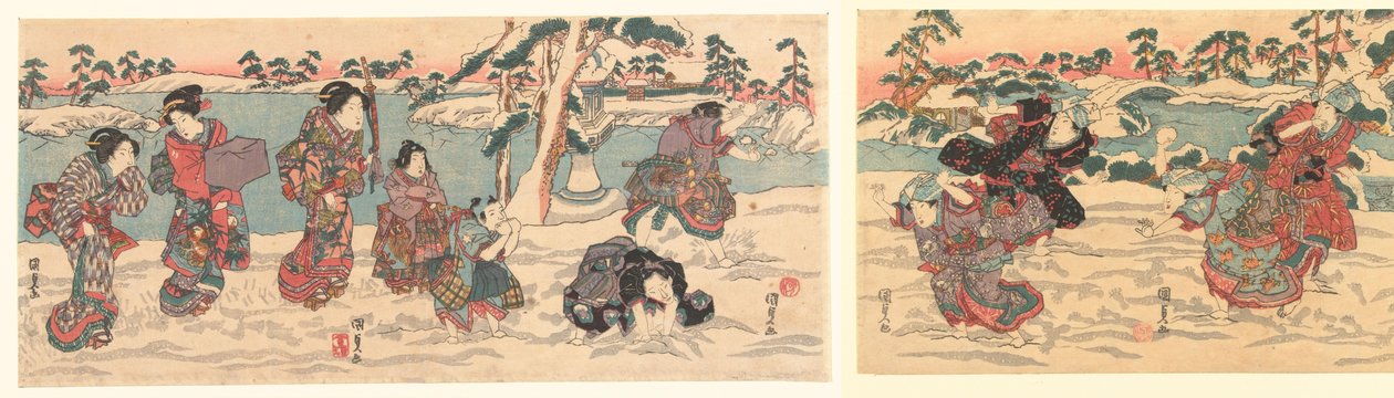 rzucanie śnieżkami autorstwa Utagawa Kunisada (I)