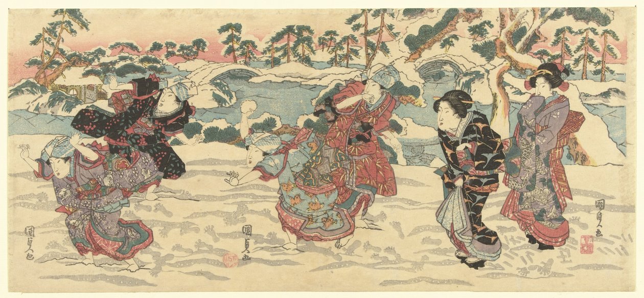 rzucanie śnieżkami autorstwa Utagawa Kunisada (I)