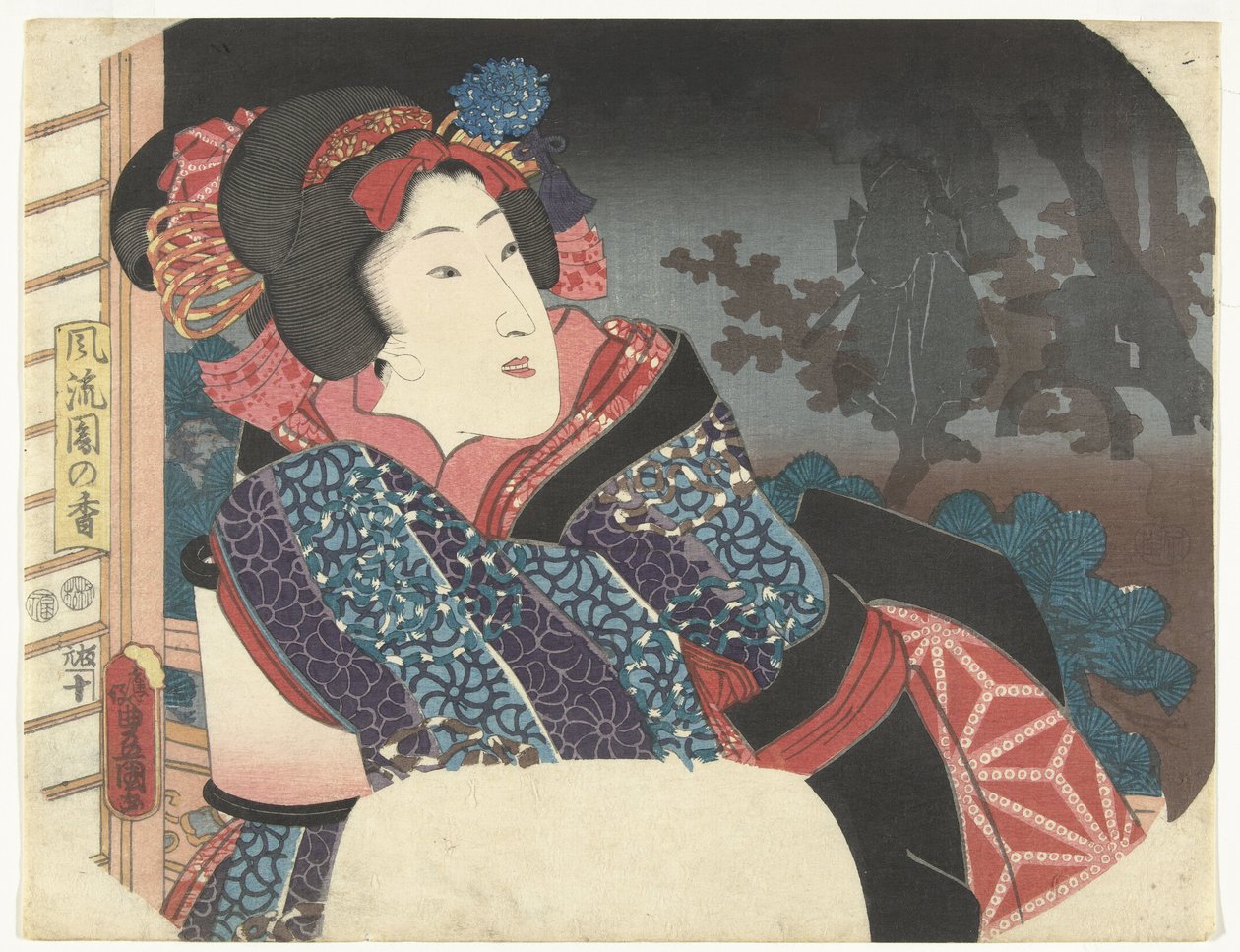 Kobieta przykrywa lampion kimono Wybór eleganckich ogrodów (tytuł serii) Furyu sono no ko (tytuł serii na obiekcie) autorstwa Utagawa Kunisada (I)