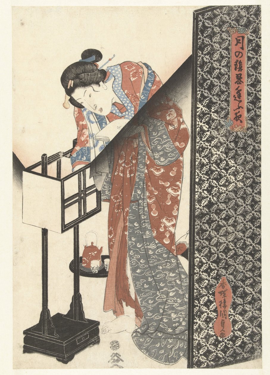 Kobieta przy lampie Secret Nighttime Dates by Moonlight (tytuł serii) Tsuki no kage shinobiau yoru (tytuł serii na obiekcie) autorstwa Utagawa Kunisada (I)