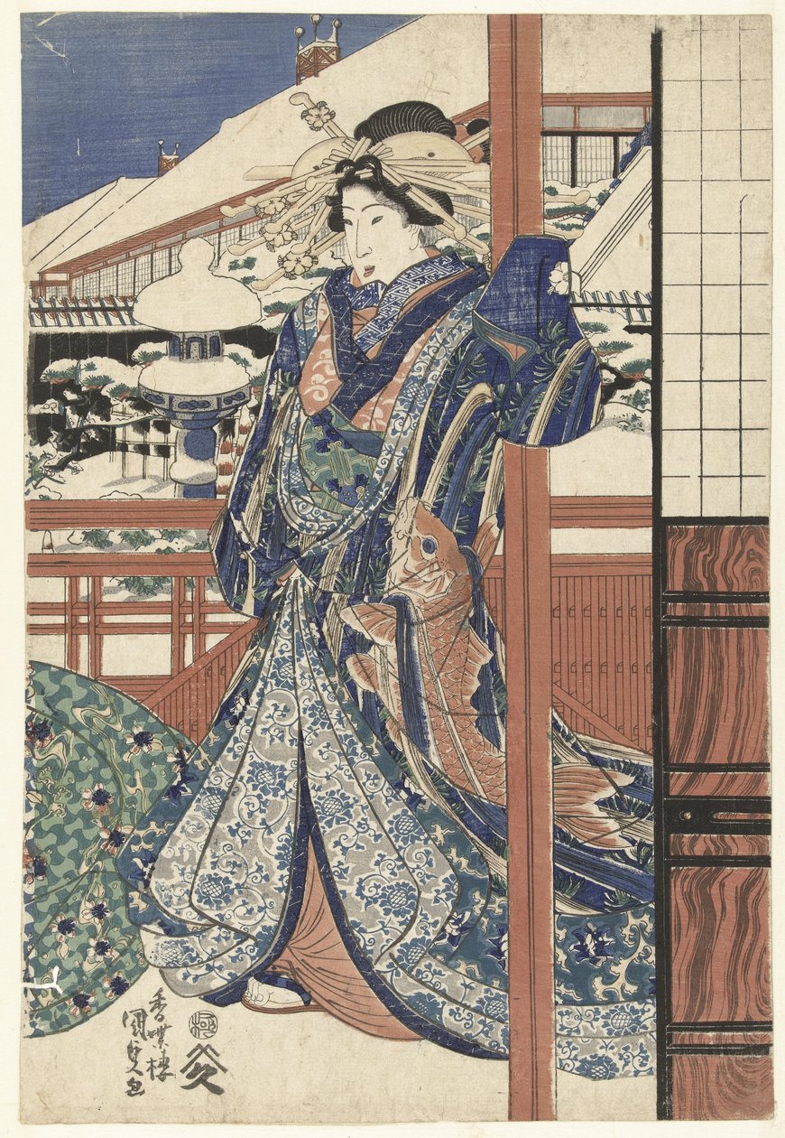 Kobieta w ogrodzie zimowym autorstwa Utagawa Kunisada (I)