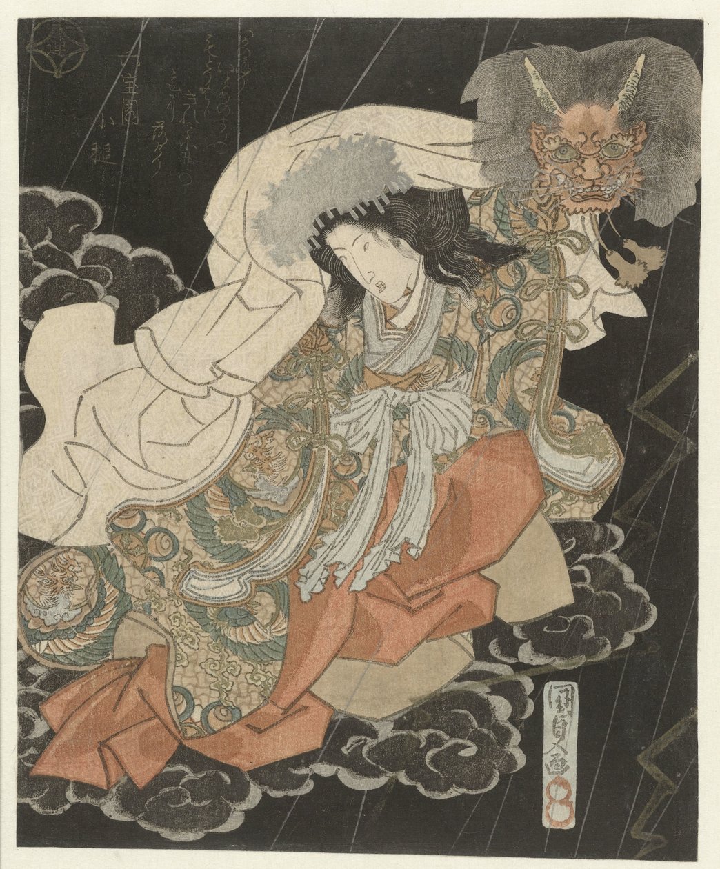 Kobieta z maską demona między chmurami autorstwa Utagawa Kunisada (I)