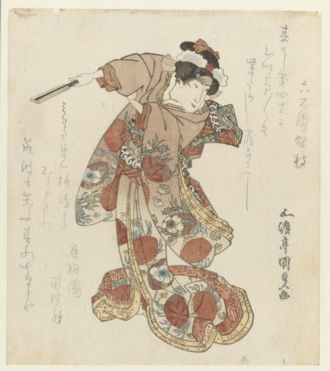 Kobieta z wachlarzem w dłoni autorstwa Utagawa Kunisada (I)