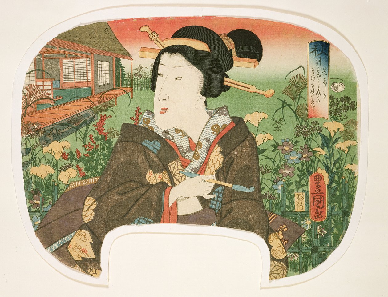 Jesień, Hanayashiki: Gejsza z fajką, projekt na wachlarz z zestawu czterech pór roku, 1858-60 (drewnodruk) autorstwa Utagawa Kunisada