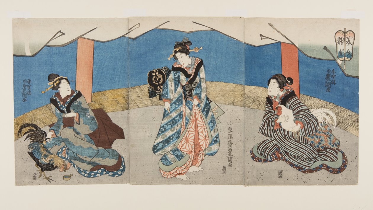 Piękności podczas walki kogutów (Bijin Toriaiu) (kolorowy drzeworyt) autorstwa Utagawa Kunisada