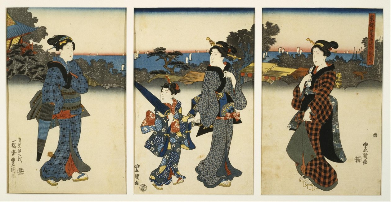 Kurt y zany na przechadzce nad morzem autorstwa Utagawa Kunisada