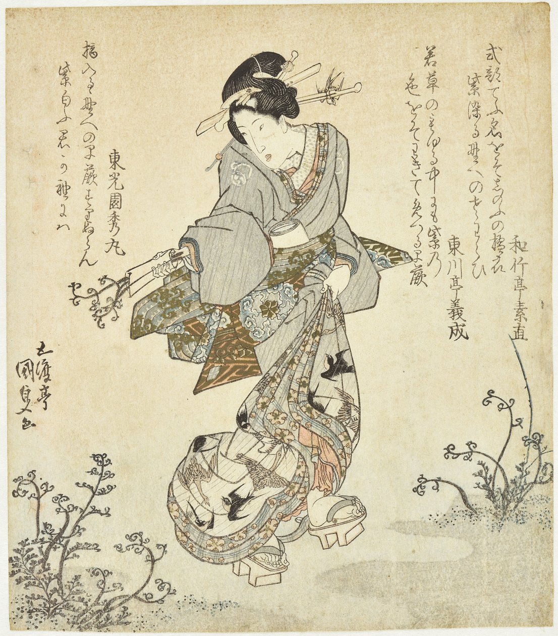 Kobieta zbierająca paprocie autorstwa Utagawa Kunisada