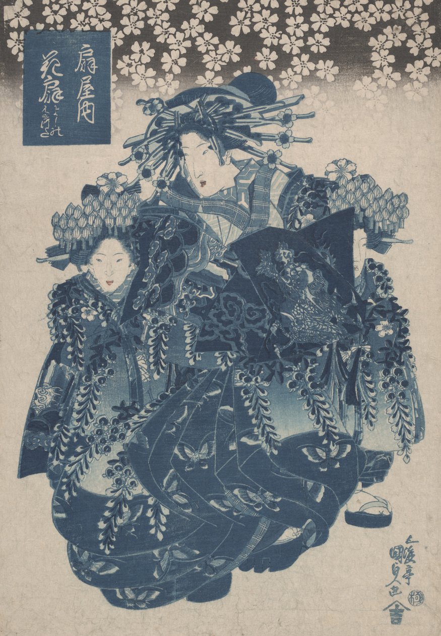 Hanaogi z Ogiya, Kamuro Yoshino i Tatsuta" z serii kurtyzan drukowanych na niebiesko autorstwa Utagawa Kunisada