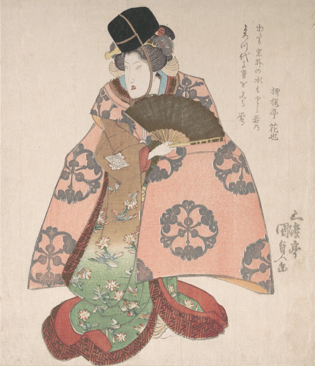 Aktor kabuki w roli kobiecej stojący z wachlarzem, XIX w., XIX w. autorstwa Utagawa Kunisada