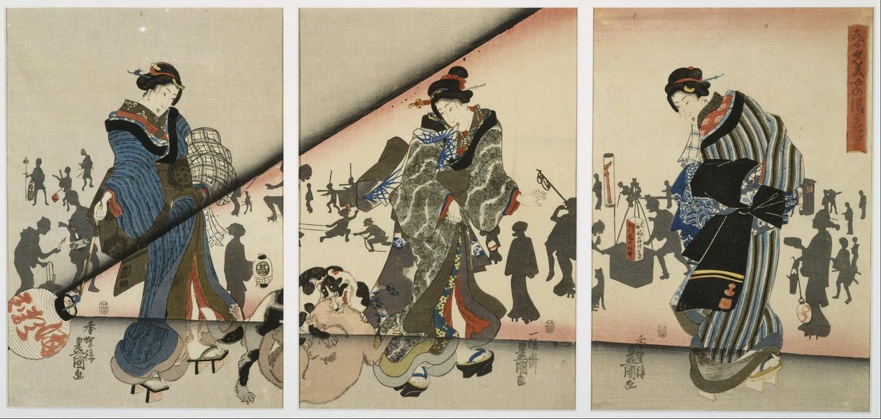 Scena nocna z dziewczętami, zwierzętami i latarniami autorstwa Utagawa Kunisada