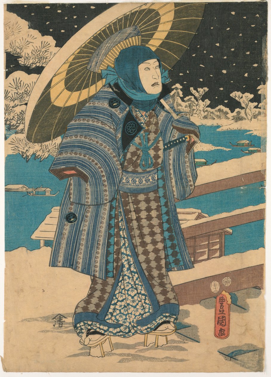 Część tryptyku: mężczyzna z parasolem autorstwa Utagawa Kunisada