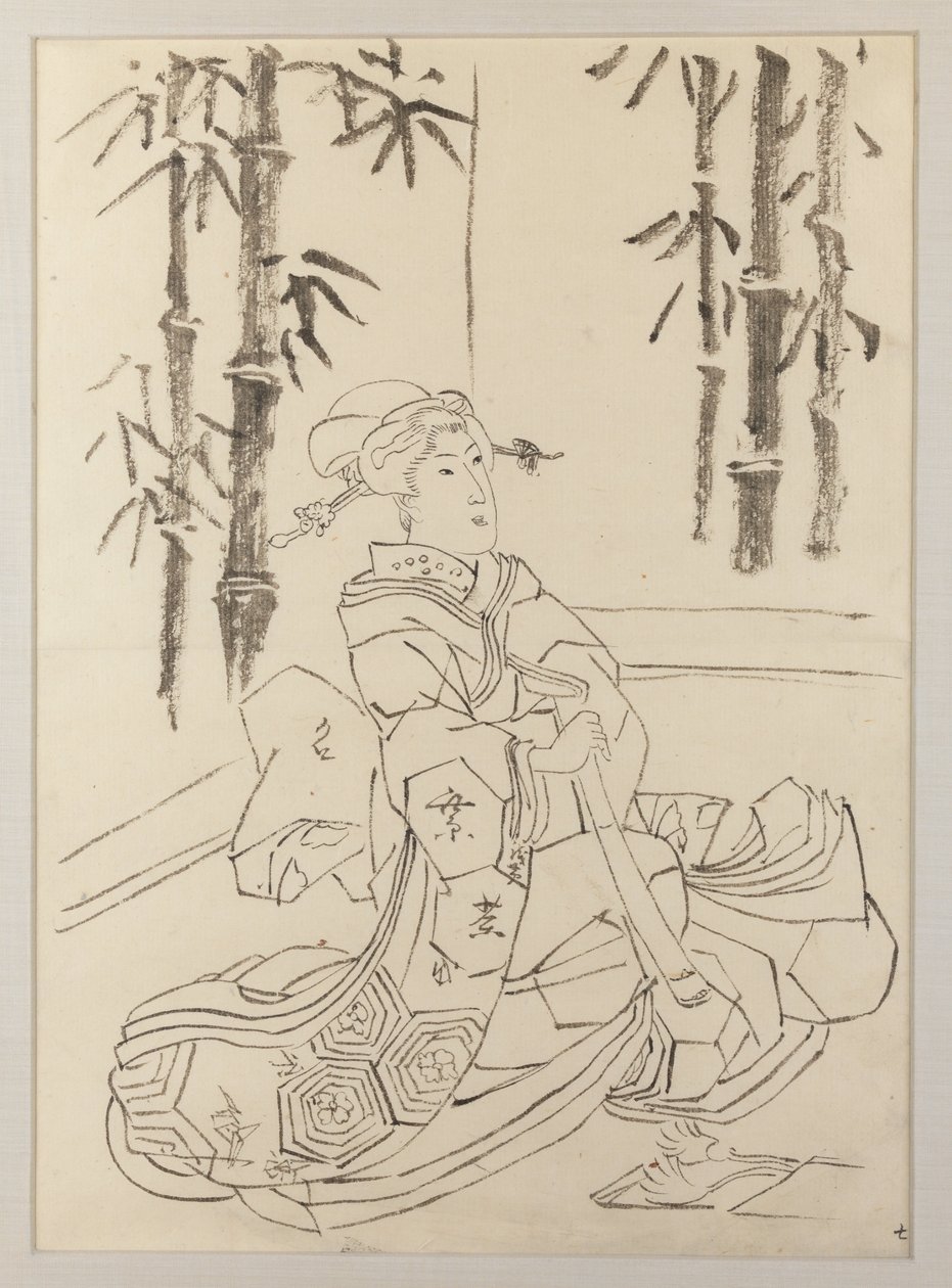 Rysunek przygotowawczy do lewego arkusza tryptyku Eleganckie trio instrumentalne dziewcząt autorstwa Utagawa Kunisada