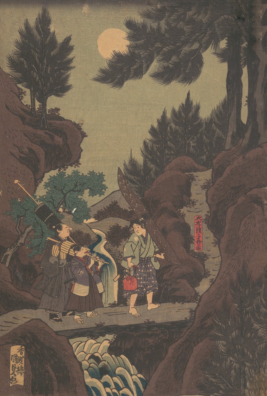 Shanao [Yoshitsune] Uczy się sztuk walki w Sojogatani Shanao Sojogatani w h..., epoka Tenpo z lat 30. XIX wieku. autorstwa Utagawa Kunisada