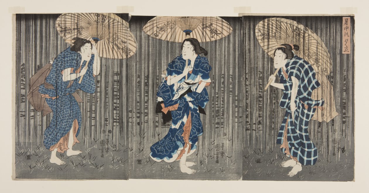 Nagły prysznic w letnim upale (Shochu no yudachi) (kolorowy drzeworyt) autorstwa Utagawa Kunisada