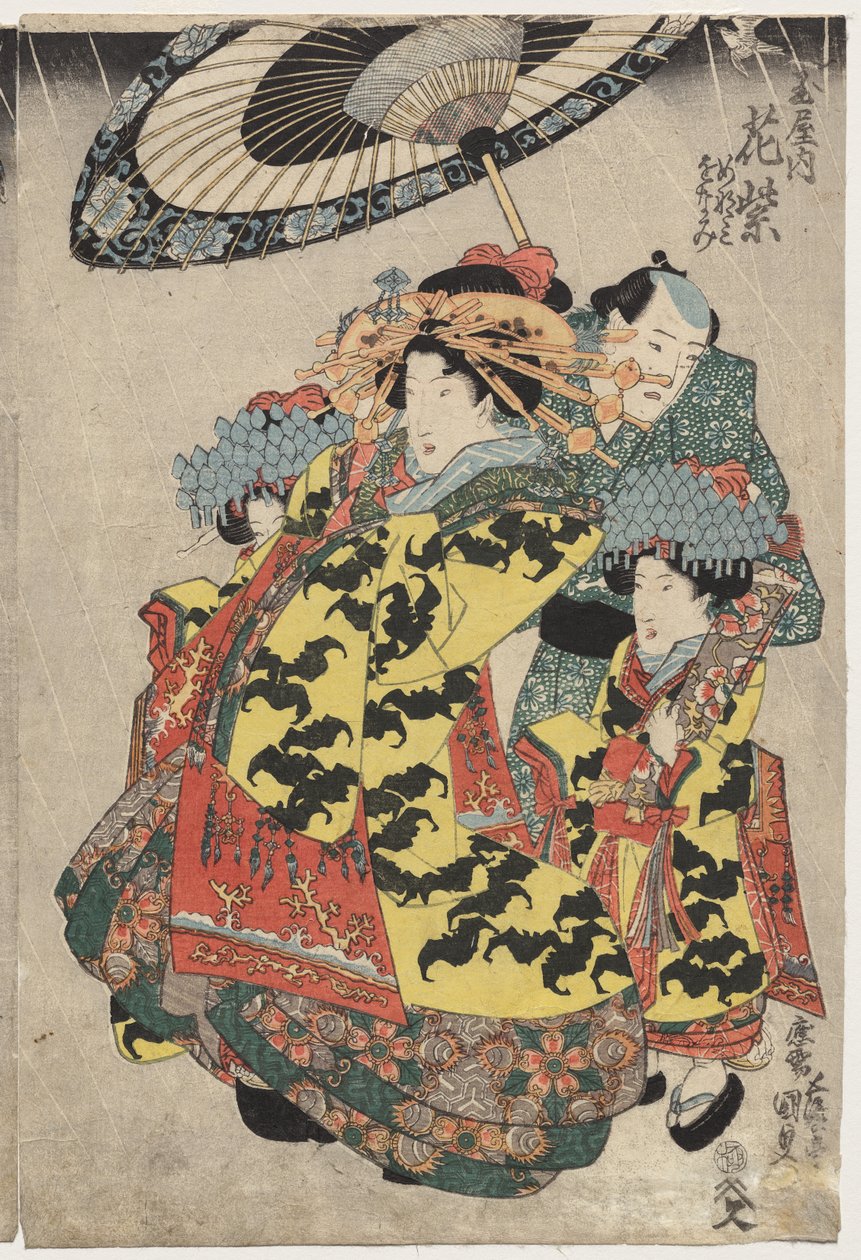 Kurtyzany Hanmurski i Koshikibu z Tamai Promending in the Rain autorstwa Utagawa Kunisada