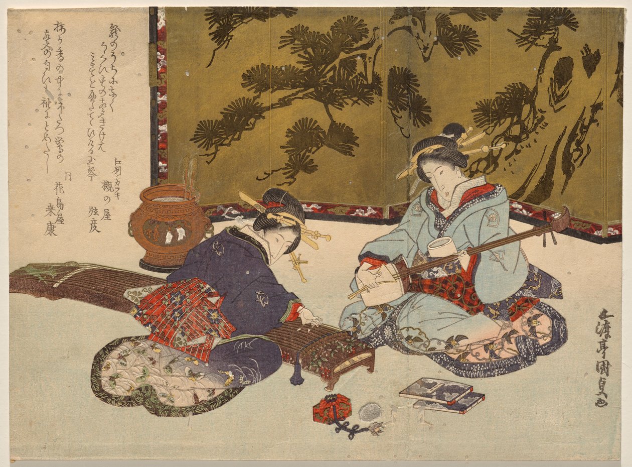 Dwie kurtyzany grające na instrumentach muzycznych autorstwa Utagawa Kunisada