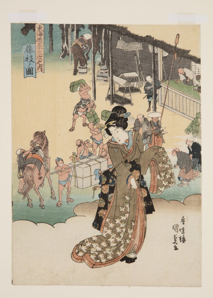 Widok Fujiedy (Fujieda no zu) (kolorowy drzeworyt) autorstwa Utagawa Kunisada
