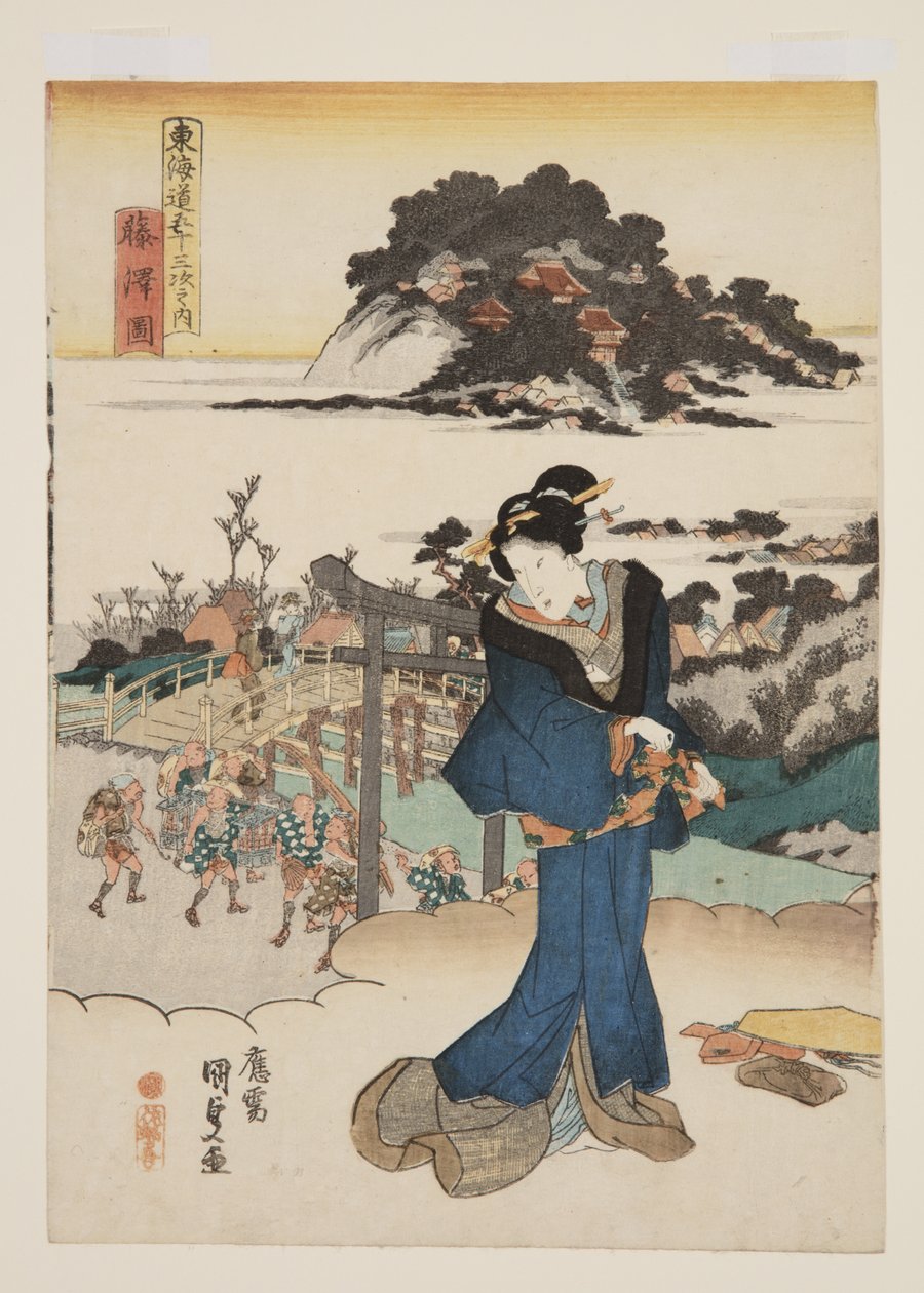 Widok Fujisawy (Fujisawa zu) (kolorowy drzeworyt) autorstwa Utagawa Kunisada