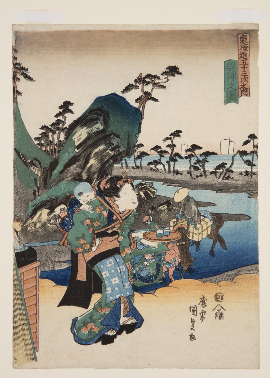 Widok Okitsu (Okitsu no zu) (kolorowy drzeworyt) autorstwa Utagawa Kunisada