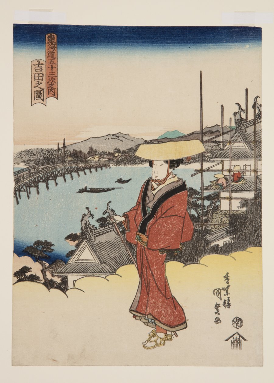 Widok Yoshidy (Yoshida no zu) (kolorowy drzeworyt) autorstwa Utagawa Kunisada
