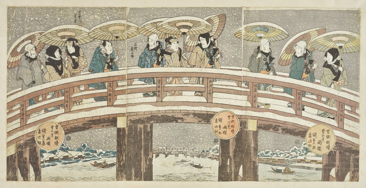 Zimowa scena z obiecującą procesją aktorów autorstwa Utagawa Kunisada