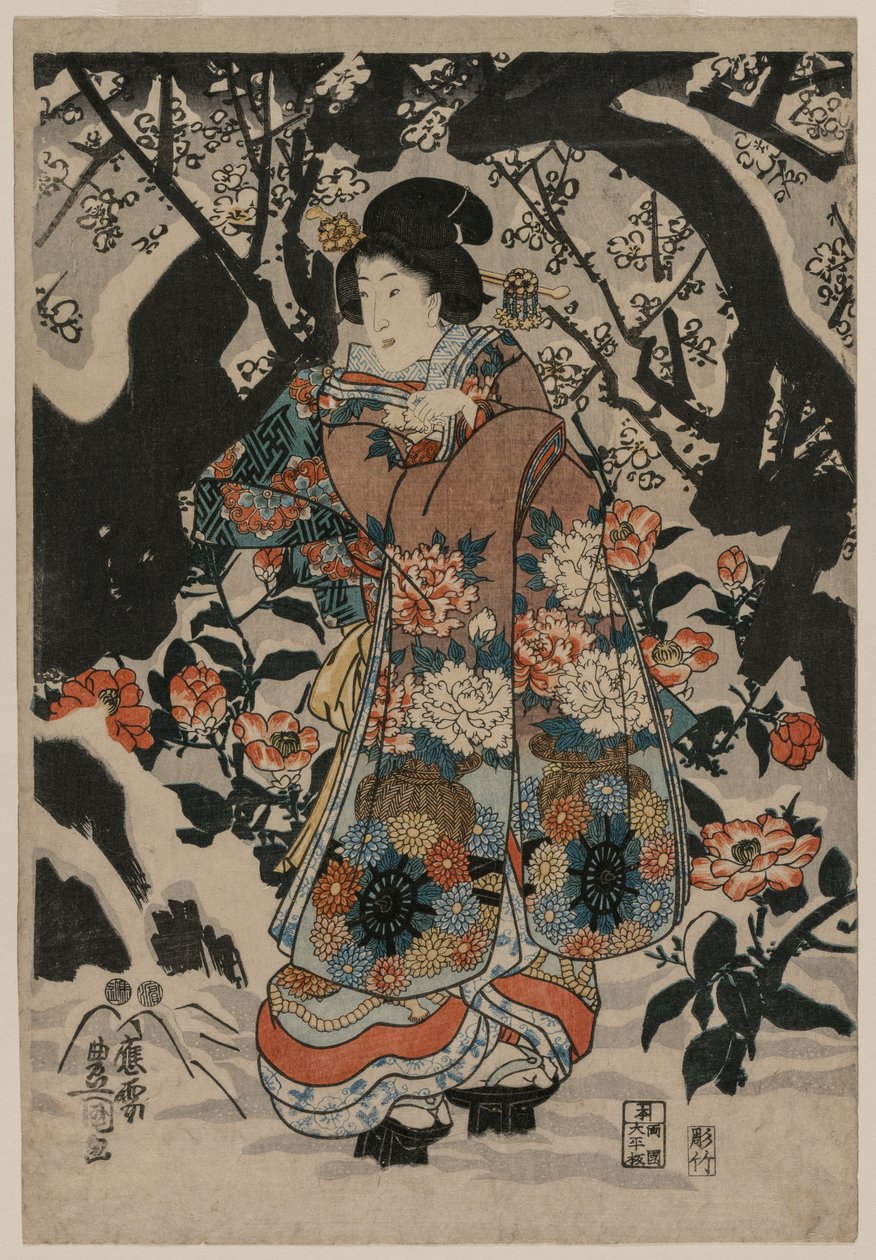Kobieta stojąca obok śliwki, ok. 1930 r. 1850. autorstwa Utagawa Kunisada