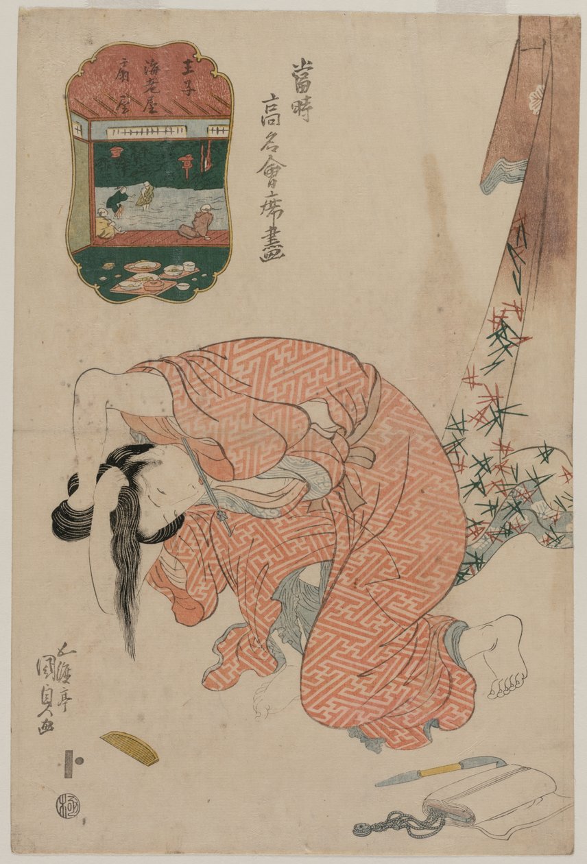 Kobieta związująca włosy (z cyklu „Słynne restauracje współczesności”) autorstwa Utagawa Kunisada