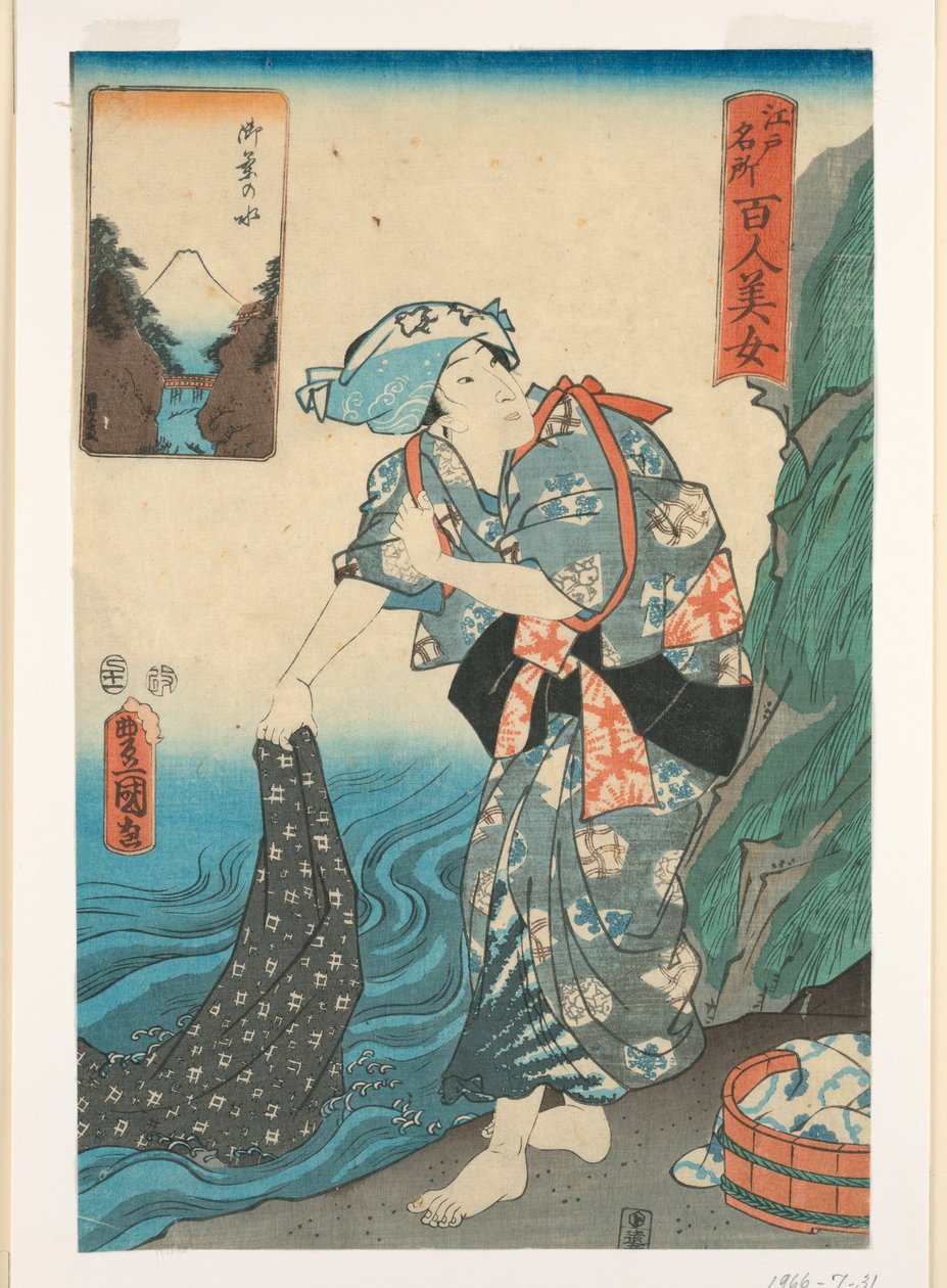 Kobieta piorąca tkaniny w strumieniu autorstwa Utagawa Kunisada