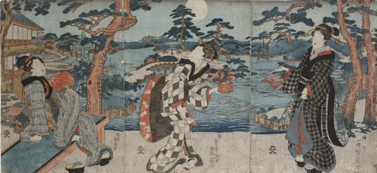 Wypoczynek w restauracji przed przyjęciem klientów, początek do połowy XIX wieku (kolorowy drzeworyt (tryptyk)) autorstwa Utagawa Kunisada III