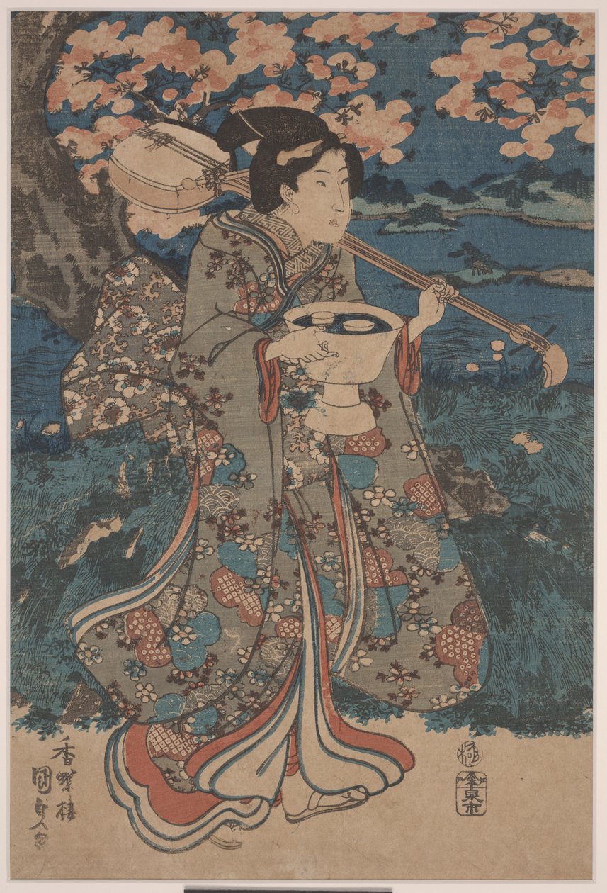 Idąc na Wiśnię Wiśniową (kolorowy drzeworyt) autorstwa Utagawa Kunisada III
