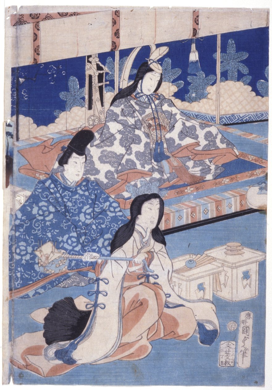 Powitanie wiosny bukietem kwiatów (Hana Soroi Haru No Taimen) (drzeworyt kolorowy) autorstwa Utagawa Kunisada II