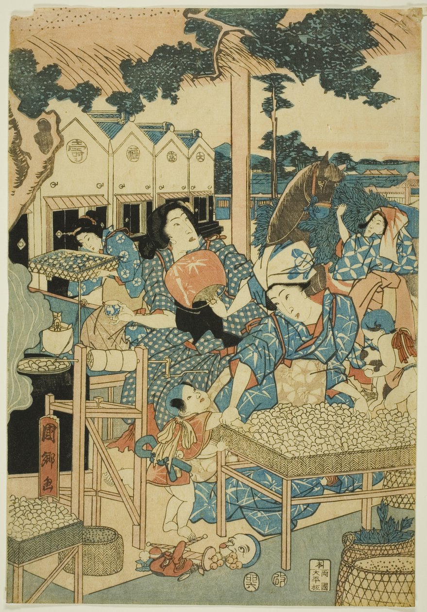 Wielki dobrobyt na farmie jedwabiu (Kaikoya Daihanjono Zu) autorstwa Utagawa Kunisato