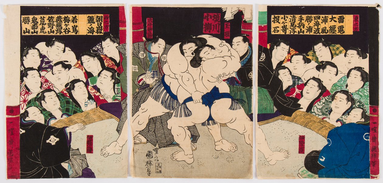 Walka zapaśników sumo. Rycina Utagawa Kuniteru (1808-1876) - zapaśników sumo, autorstwa Kuniteru, Utagawa (1808-1876). Kolorowy drzeworyt. Prywatna kolekcja autorstwa Utagawa Kuniteru